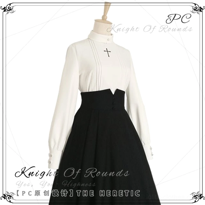 The Heretic gothic lolita two-piece suit three-quarter view mannequin white shirt pleated details high waistband