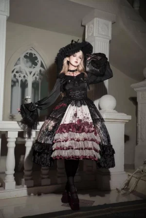 Heretic nun gothic lolita jsk dress set worn by blonde model in vintage church interior, featuring blood-splatter tiered skirt and cross-embroidered collar