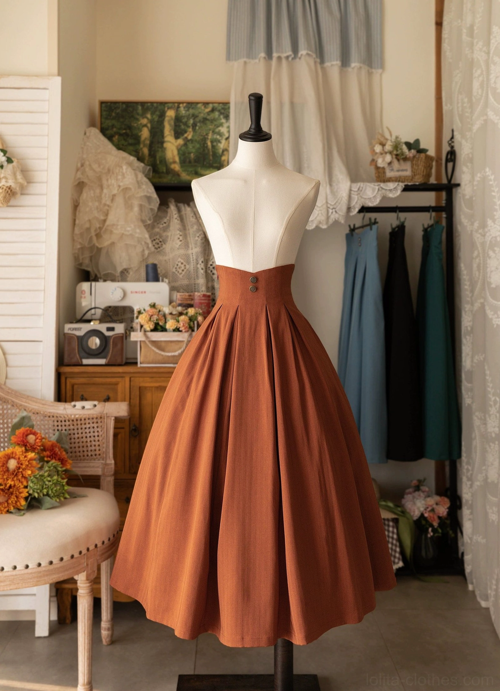 High-waisted lolita skirt burnt orange solid color A-line pleated silhouette with single waist button detail