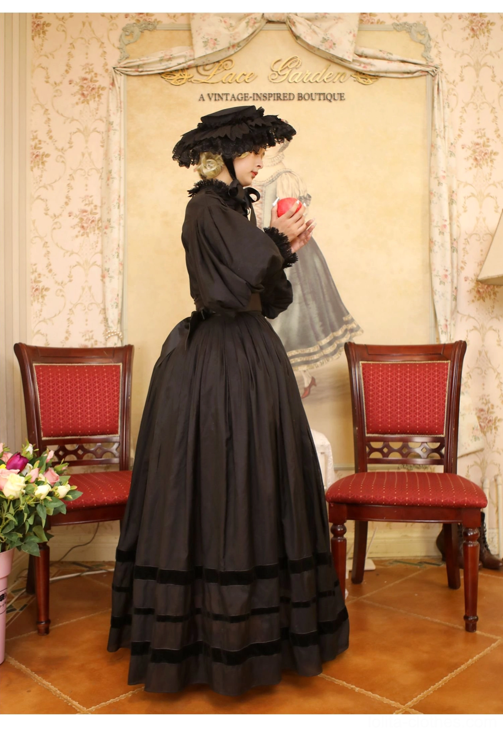 High-waisted pleated Lolita skirt front view showcasing A-line silhouette, horizontal sheer trim bands at hemline, and voluminous skirt volume characteristic of Sweet Lolita fashion aesthetic