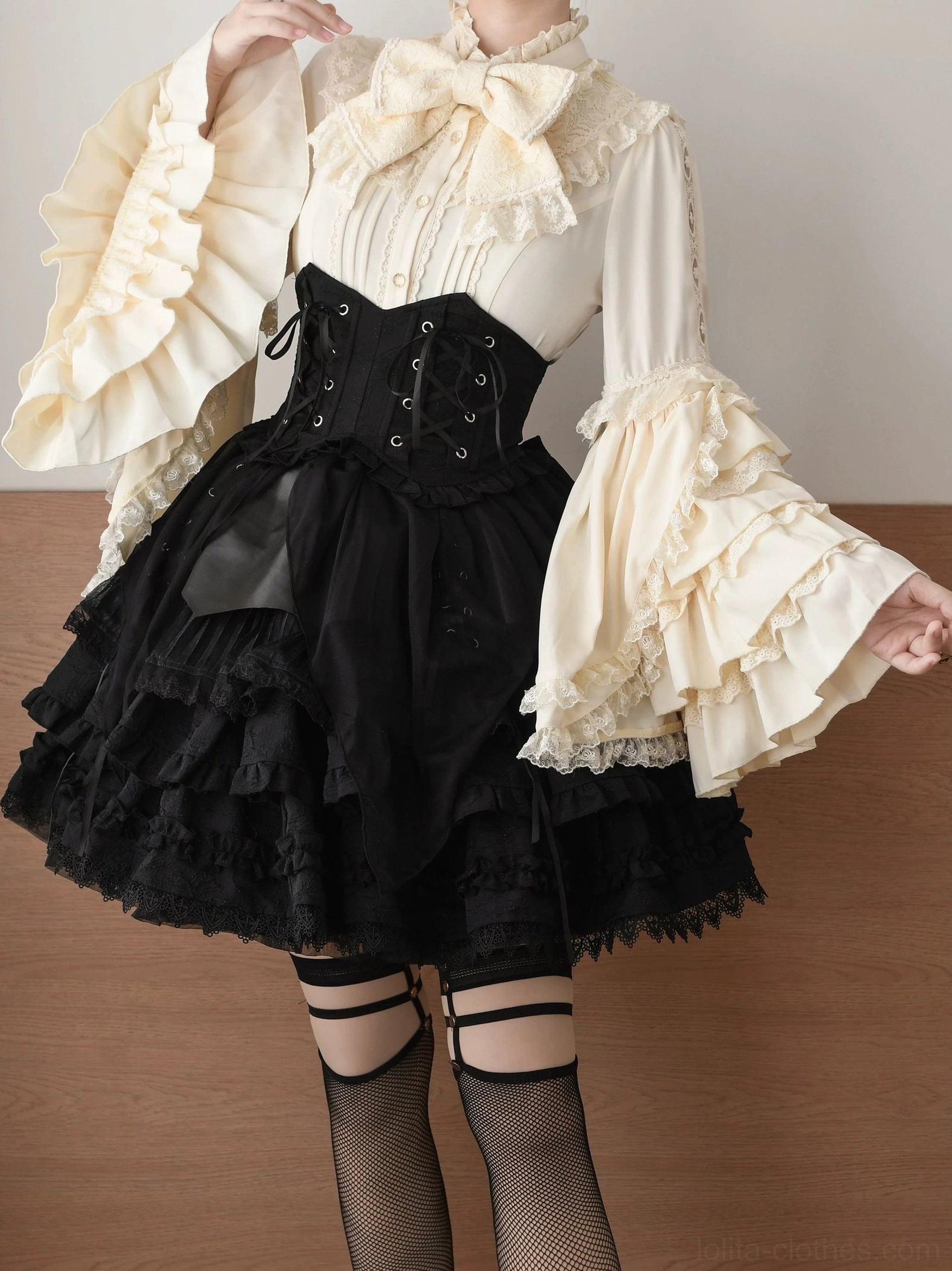 Hime sleeve Lolita blouse fabric texture detail, polyester sheen, ruffled trim quality, lace detail enhancement, close-up material showcase