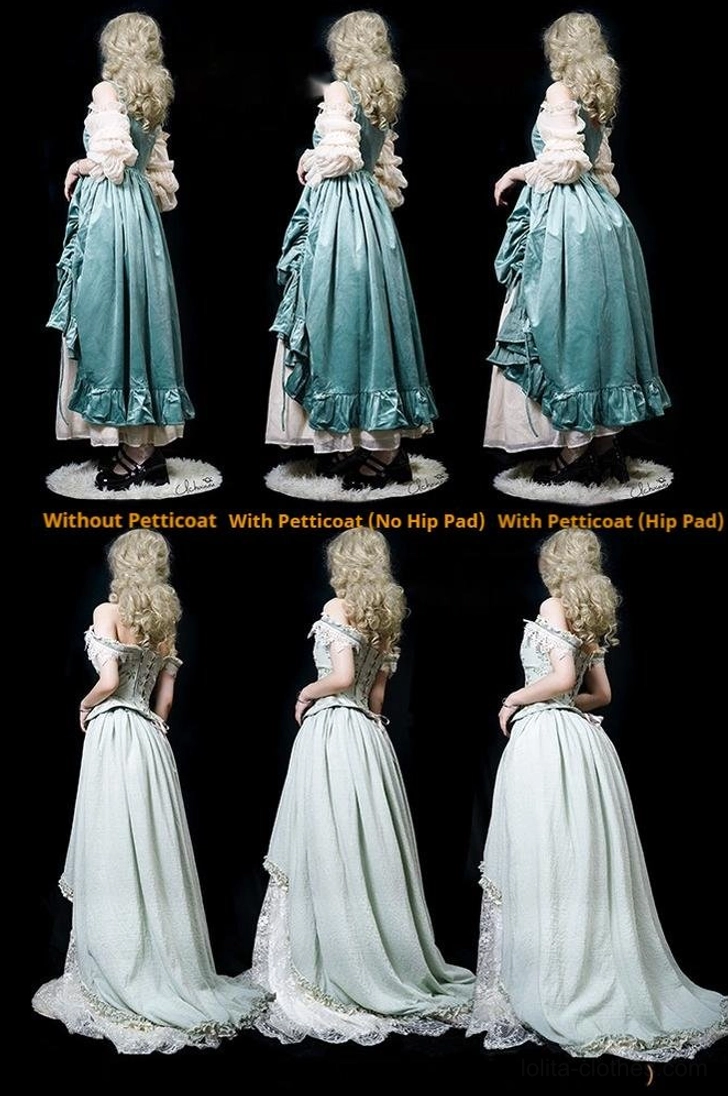 Hip pad petticoat customization guide front back placement options silhouette effect demonstration modular design