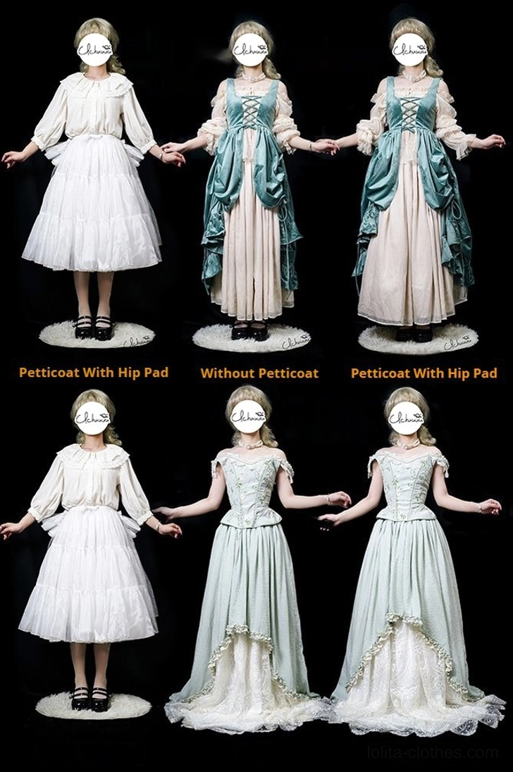 Detachable hip pad petticoat wearing effect comparison three group models with without silhouette vintage outfits