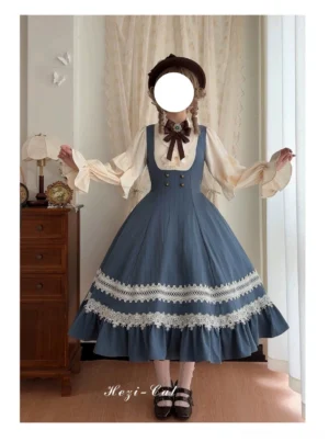 Navy blue cream classic lolita fake two-piece OP dress indoor display back lace-up closure double lace skirt hem trim vintage bedroom background