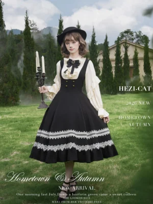 Hometown Autumn plus size classic lolita OP dress front view with model wearing black cream striped fake two-piece bustier design lantern sleeves and vintage fedora outdoor villa garden setting