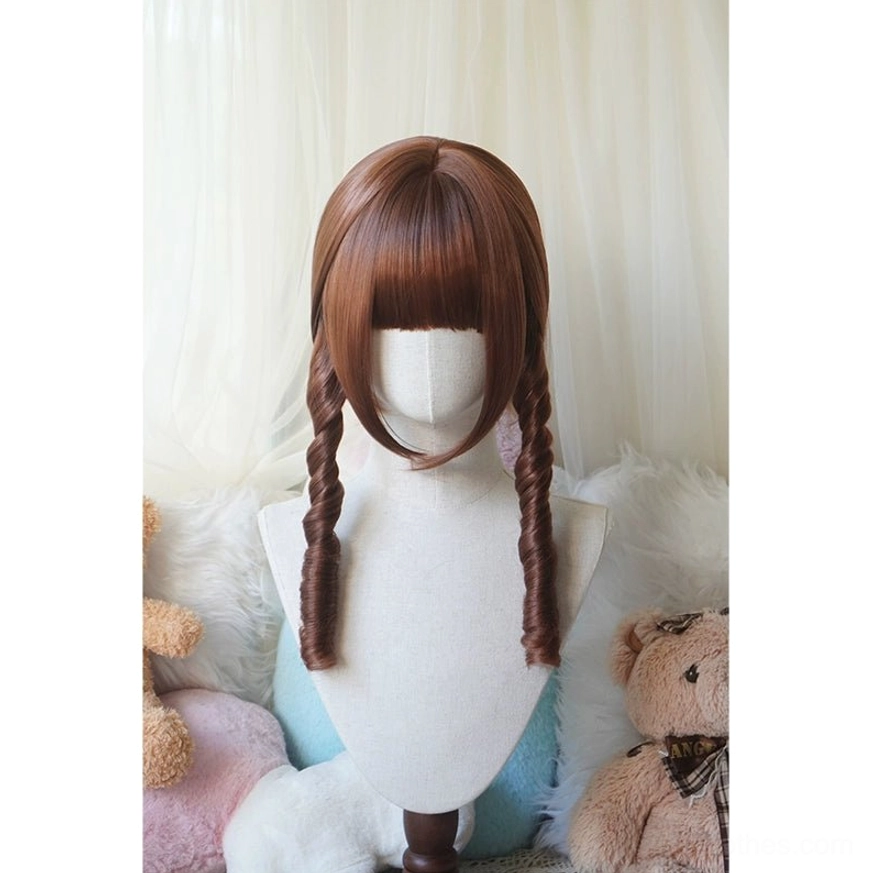 Honey brown Lolita bob wig with detachable curl ponytails and hairnet shown on mannequin front view with soft background