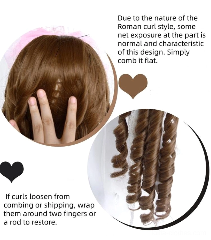 Honey brown lolita wig close-up detail showing scalp cap, curl texture restoration tips, and lighting color note on instruction sheet
