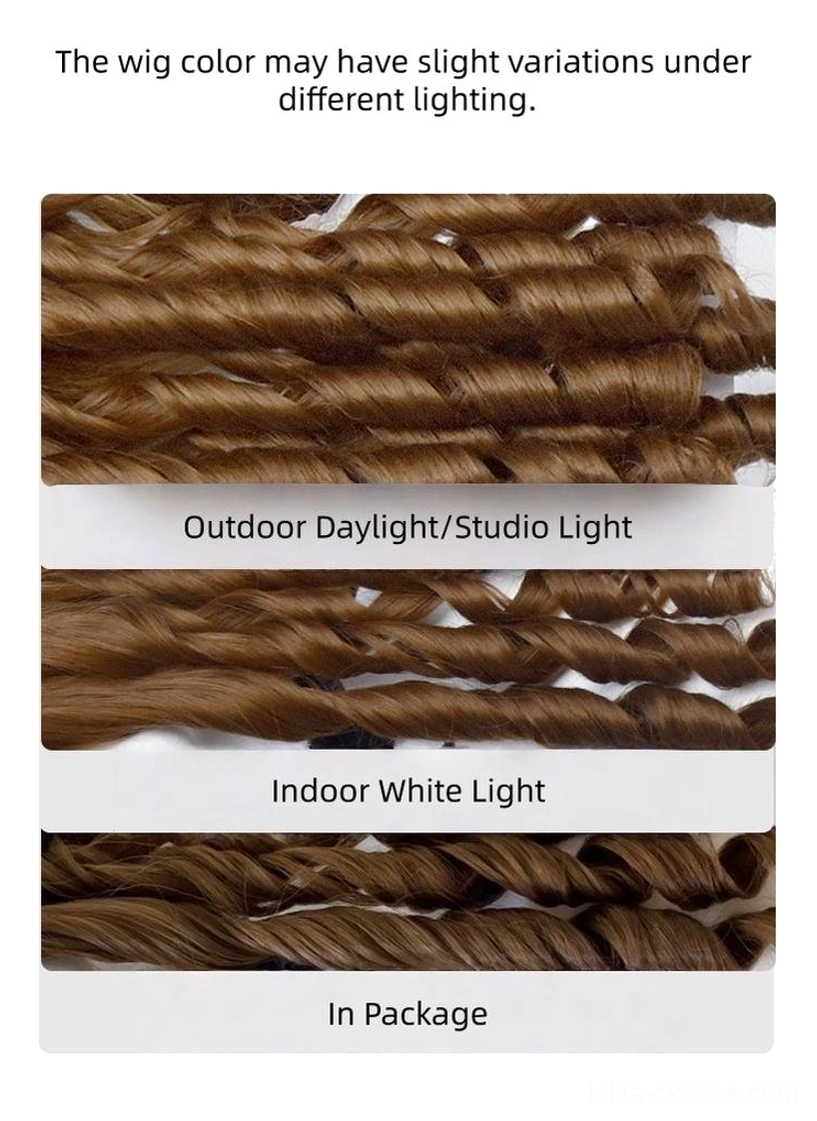 Honey brown roman curl lolita wig hair strands flat lay showing three lighting comparison groups with slight color variation and consistent spiral curl texture