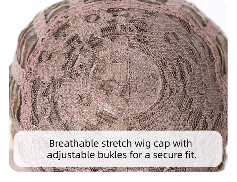 Honey brown lolita wig packaging showing product presentation and wig cap breathable stretchy construction with adjustable strap