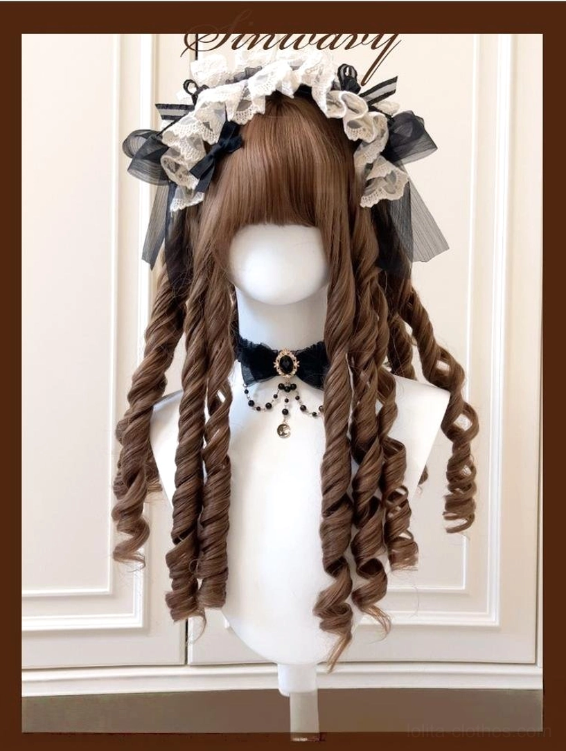 Honey brown straight bangs roman curl lolita wig showcasing spiral ringlets with black and white lace hair accessory and pendant corset