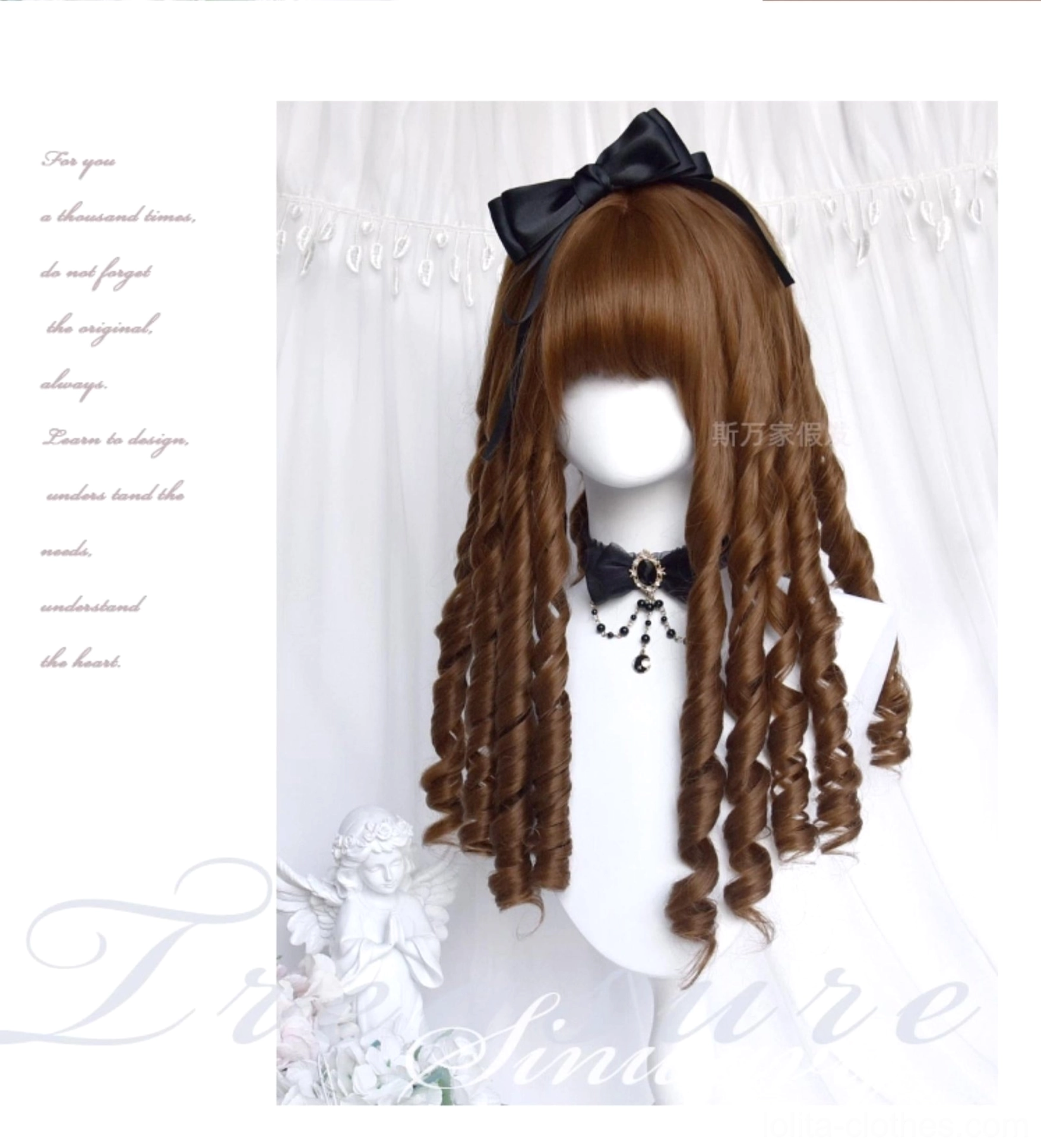Honey brown lolita wig front view with straight bangs, black bow hair accessory, and lace neck corset with pendant on white backdrop
