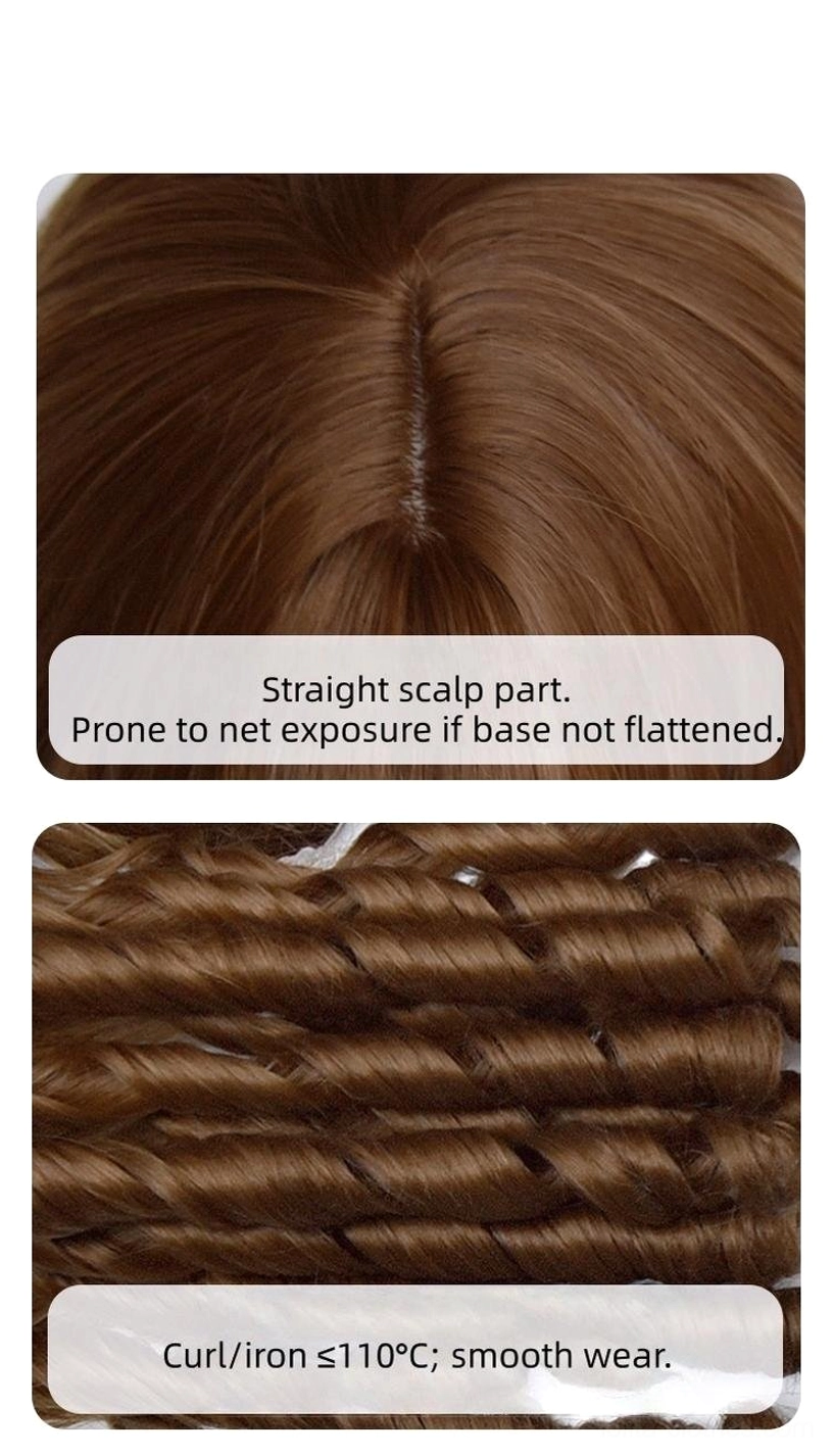 Honey brown roman curl straight bangs lolita wig styled on doll display head showing doll-like aesthetic appeal and ringlet curl formation