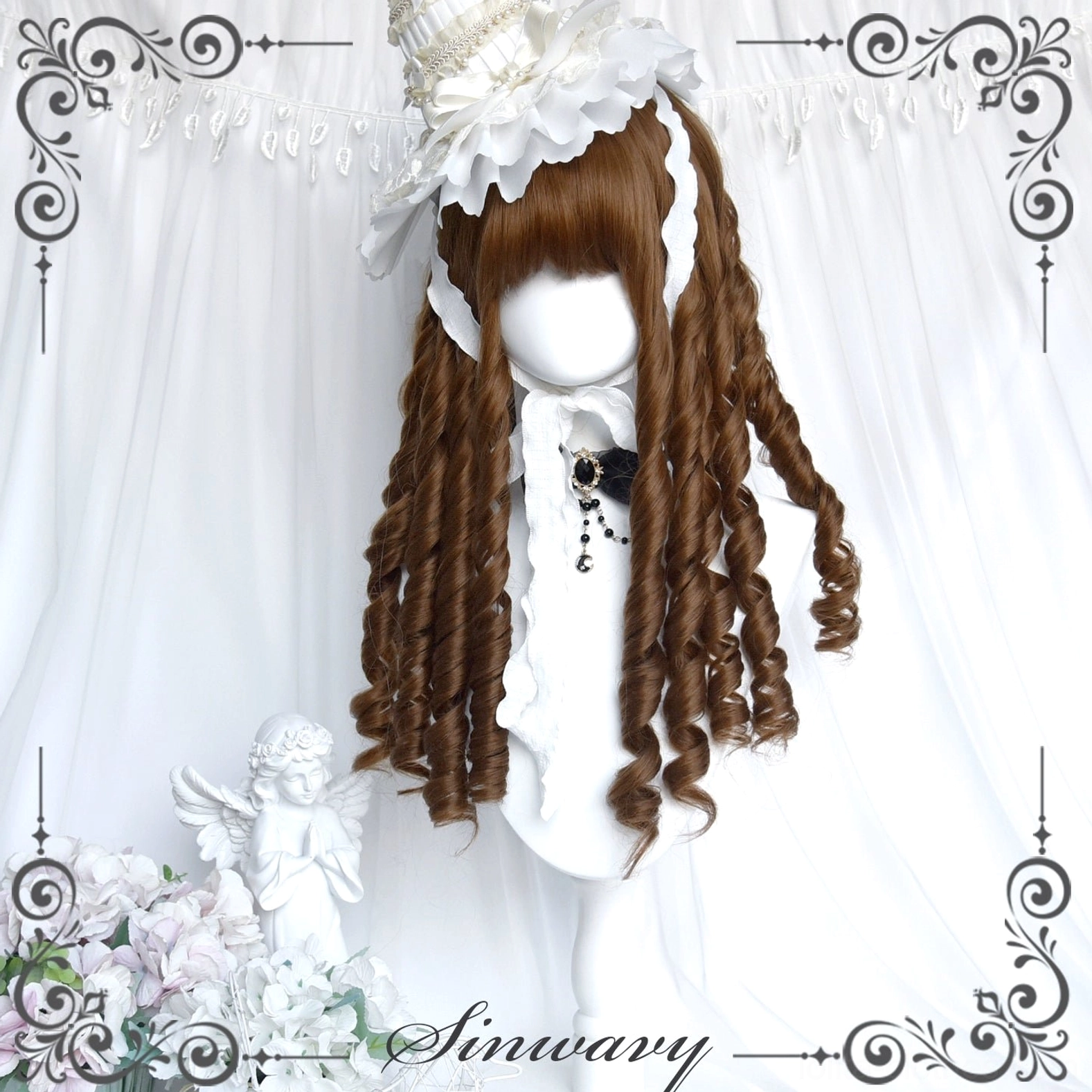 Honey brown roman curl straight bangs lolita wig front facing angle highlighting doll-like charm and warm brown tone versatility for lolita coordinates