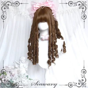 Front view of honey brown roman curl straight bangs lolita wig on mannequin with pink bow, displayed against white curtain backdrop with angel ornament and floral decoration