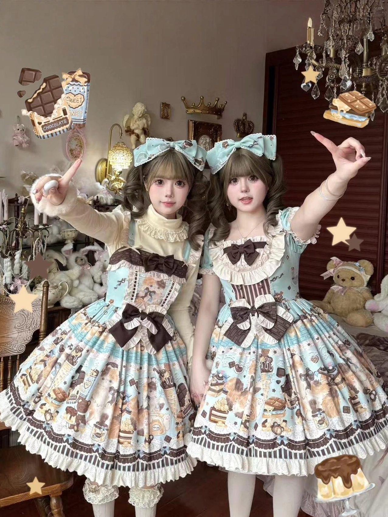 Twin models wearing mint and khaki Honey Chocolate Lolita JSK dresses with calico cat and dessert prints, paired with blue bow hair clips and vintage accessories in dollhouse-themed setting