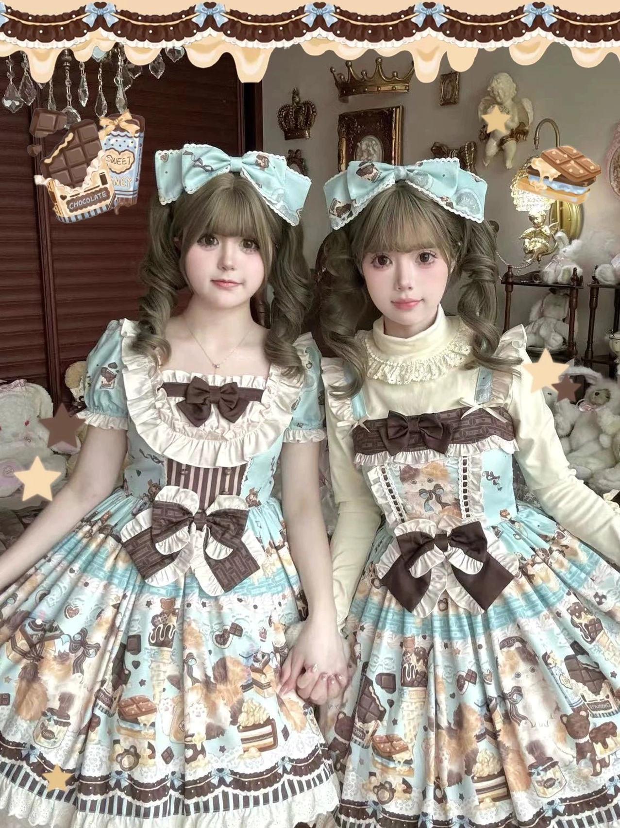 Twin models demonstrating Honey Chocolate Lolita JSK dress versatility - one with standalone dress, one layered with high-neck turtleneck inner top, blue bow hair clips, matching chocolate dessert prints in royal vintage room