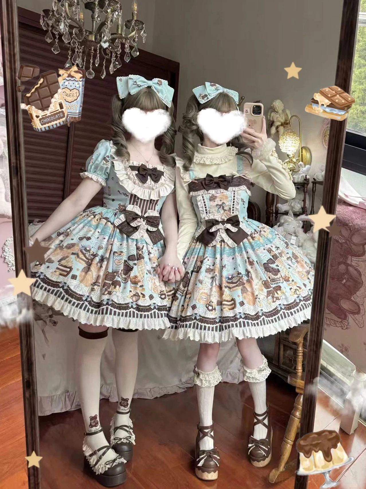 Twin models in mint green Honey Chocolate Lolita JSK dress with blue bow hair clips, thigh-high socks, platform shoes, frilled skirt hem, brown decorative front bows, dessert-themed prints in bedroom mirror selfie