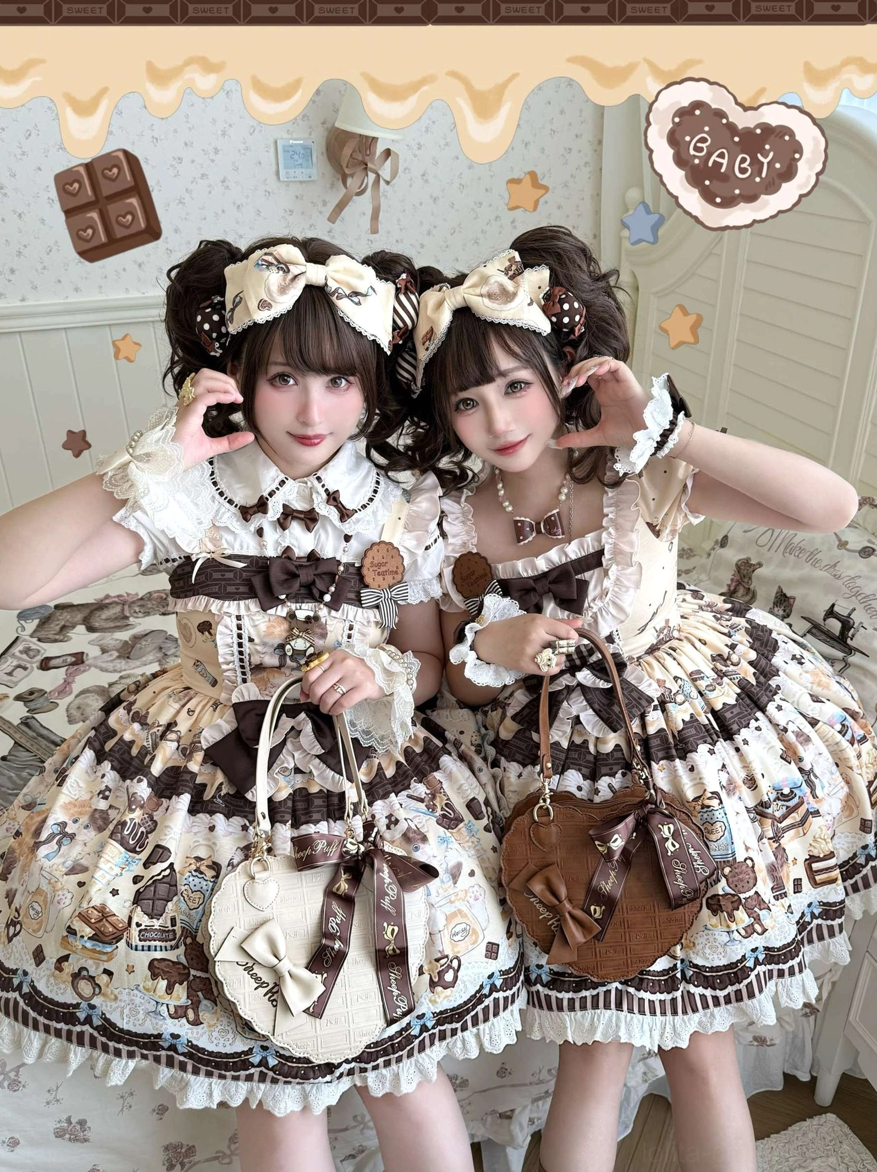 Twin models wearing khaki yellow Honey Chocolate Lolita JSK dress with bow hair headbands, vintage handbags, ruffled square neckline, large decorative front bows, allover chocolate dessert prints, and lace-trimmed hem