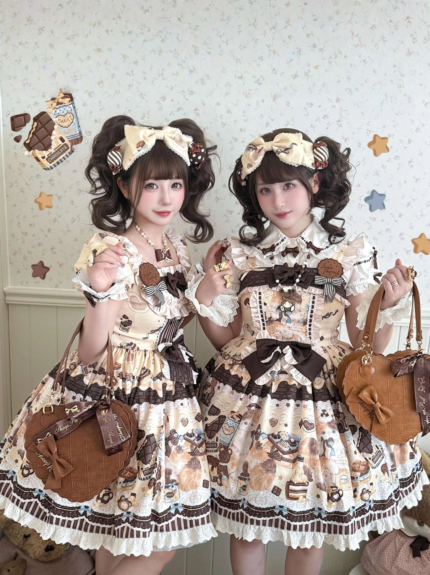 Twin models in khaki yellow Honey Chocolate Lolita JSK dresses with bow headbands, vintage handbags, ruffled square neckline, large front bows, and lace-trimmed frilled hem in sweet lolita coordinate