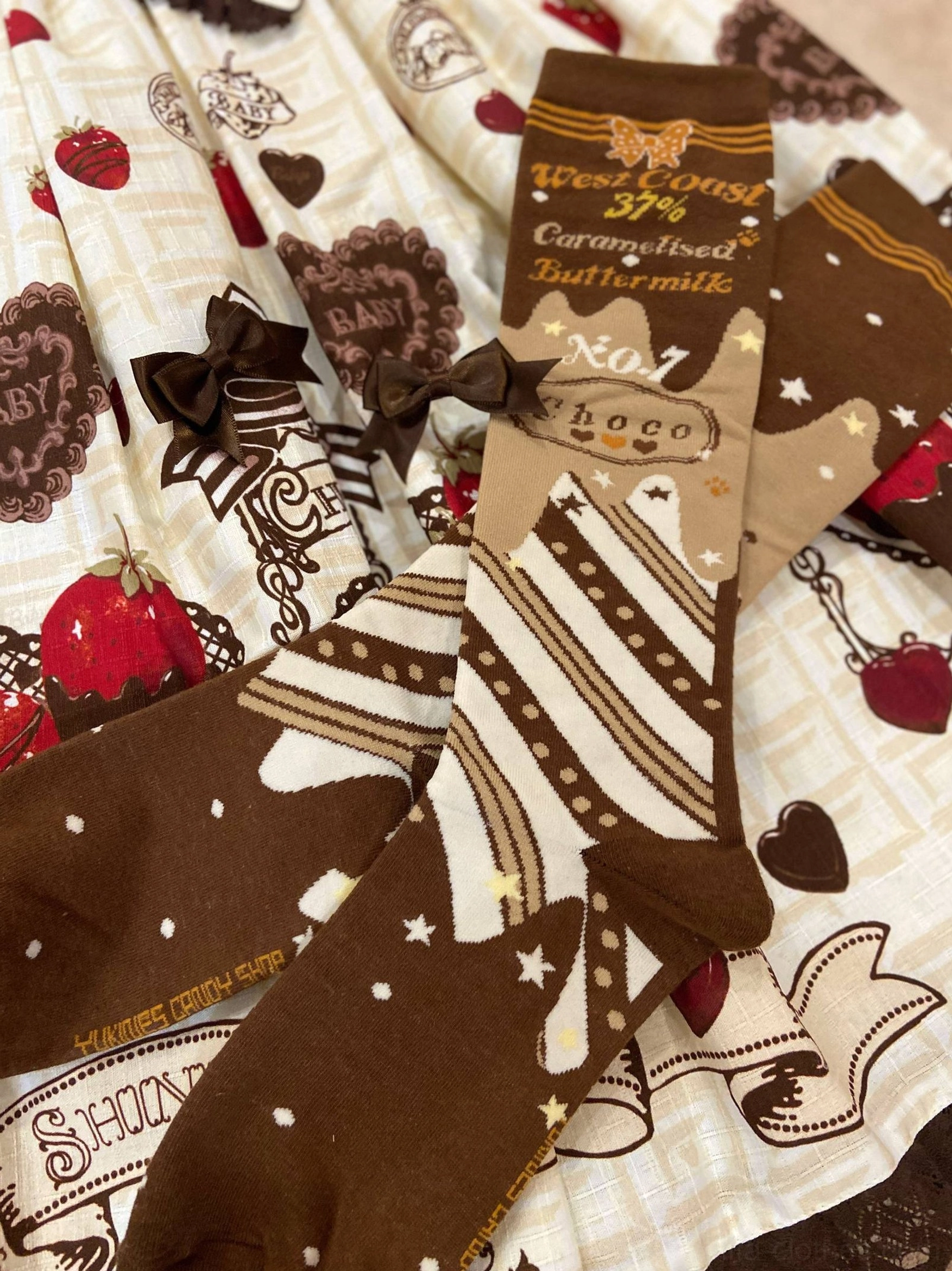 Honey yellow-chocolate lolita socks over-the-knee length with vintage inspired chocolate confectionery aesthetic design