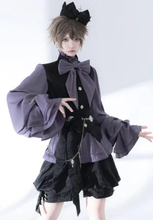 Hunting Rabbit 2.0 Ouji Lolita prince style purple shirt vest shorts set front view male model white studio