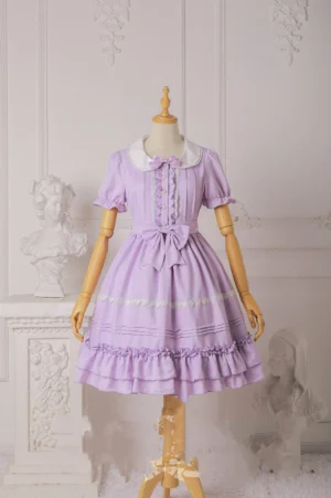 Light purple sweet lolita one-piece dress front view flat display with peter pan collar waist bow and layered ruffled skirt