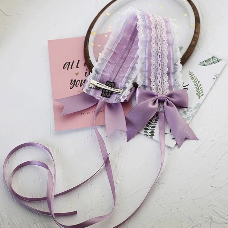 Iridescent purple delicate lace bow headdress with matching ribbon and secure dual-clip system for lolita fashion enthusiasts