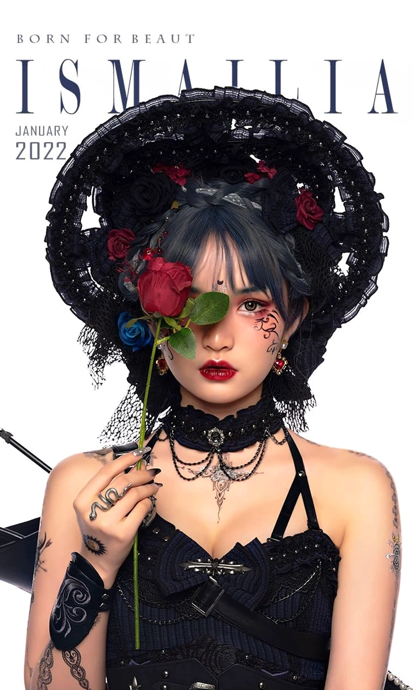 Gothic Lolita BNT black netting top showing size A and B options, short-sleeve design, mesh texture, layering garment for coordinate building