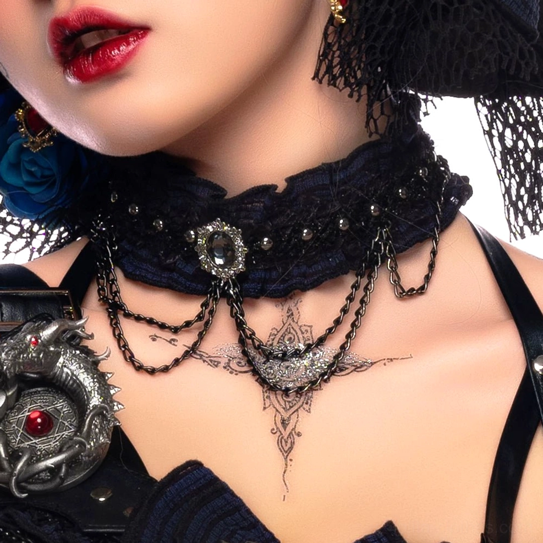 Gothic Lolita choker BNT necklace detail accessory showing black lace choker design, removable attachment, gothic jewelry styling element