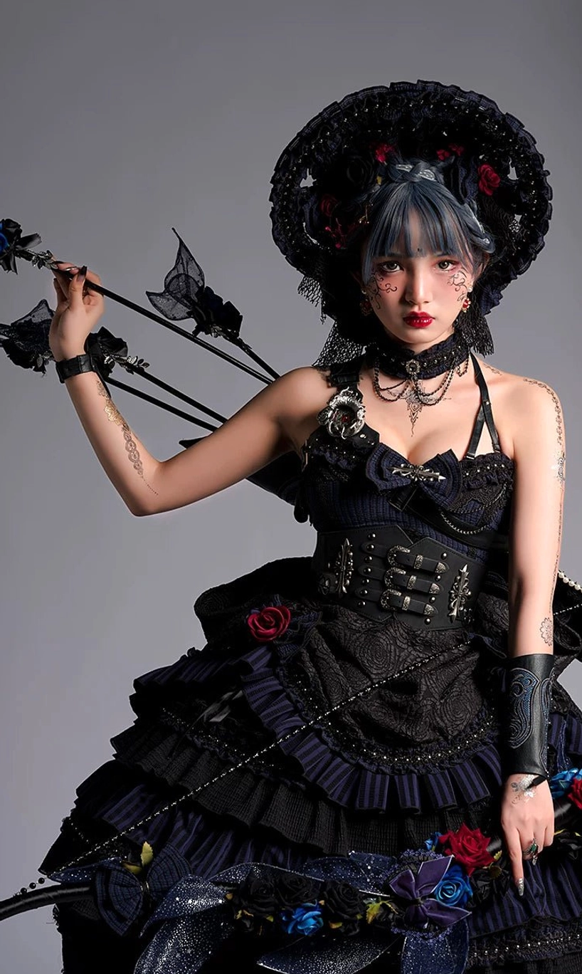 Ismailia Gothic Lolita full set components display showing JSK dress, waist cincher, back trailing bow, BNT top, complete ensemble coordination