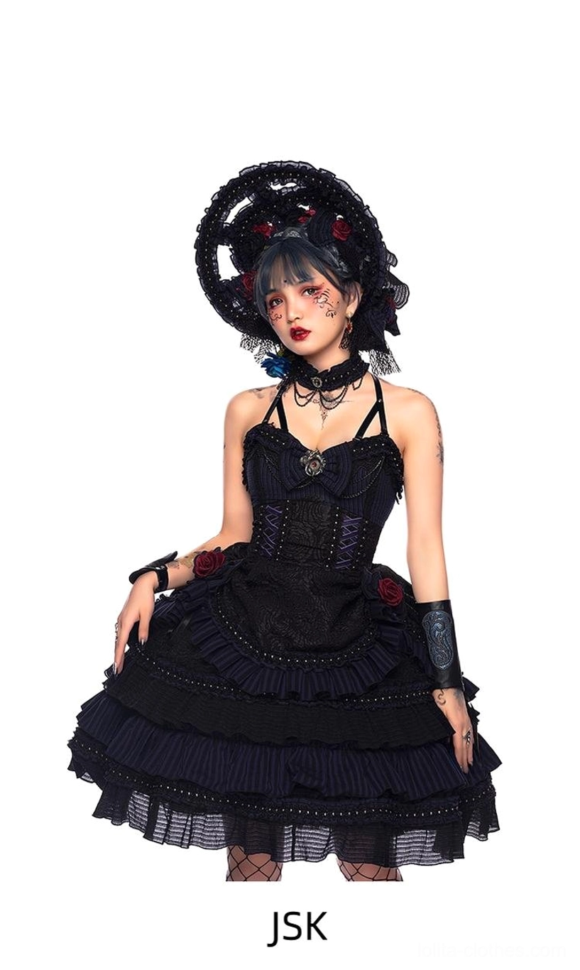 Gothic Lolita JSK bodice waist-up detail on model, corset bodice with pendant ornament, spaghetti straps, rose waist decorations, black lace elements, matching headpiece