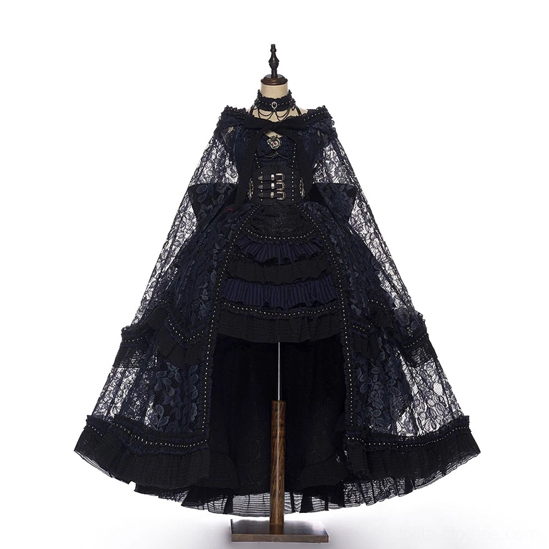 Gothic Lolita JSK with floor-length lace cape side view on dress form, sheer tulle overlay detail, high-low tiered skirt, buckled corset bodice, dramatic silhouette