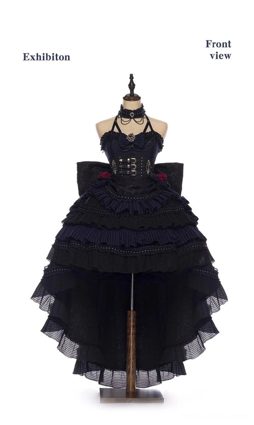 High-low Gothic Lolita JSK Dress front view on dress form, tiered ruffled hem, large statement back bow, buckled corset bodice with metal hardware, black lace details