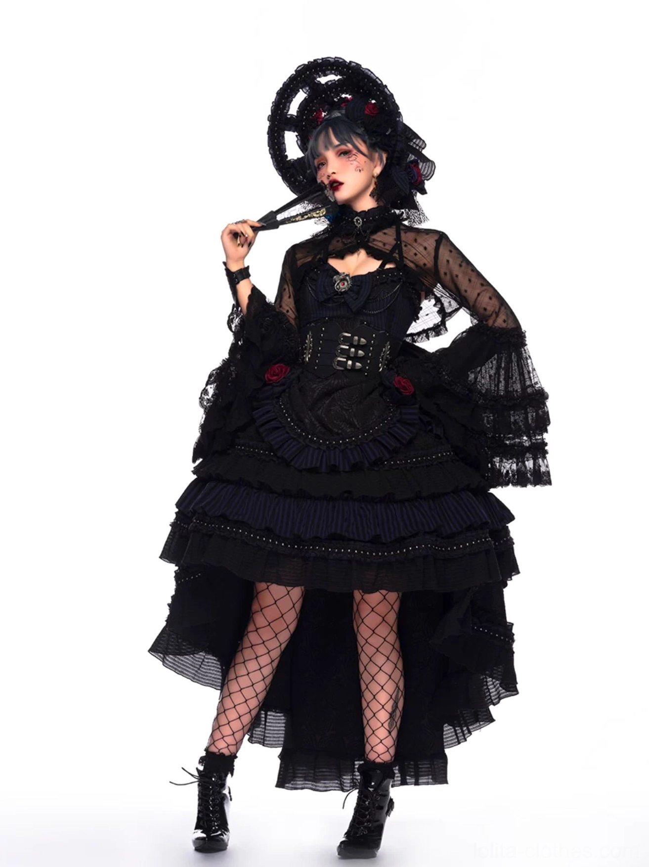 Gothic Lolita JSK black lace overlay and embellishment texture closeup detail showing jacquard fabric weave and rose decoration construction