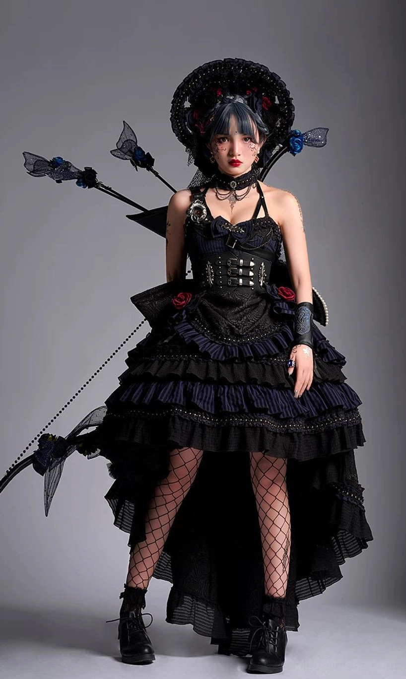 Gothic Lolita Jumper Skirt three-quarter front angle showcasing corset bodice structure, fishnet stockings, platform boots, full tiered skirt detail with lace overlay and decorative elements