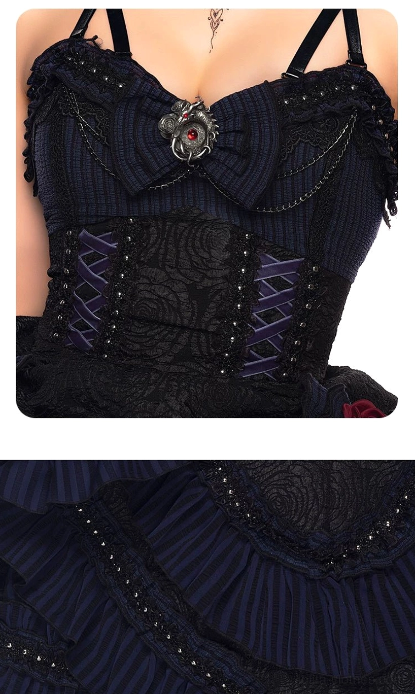 Gothic Lolita JSK traditional coordinate showing pair with black tights, Mary Jane shoes, white blouse, waist cincher, gothic headpiece styling