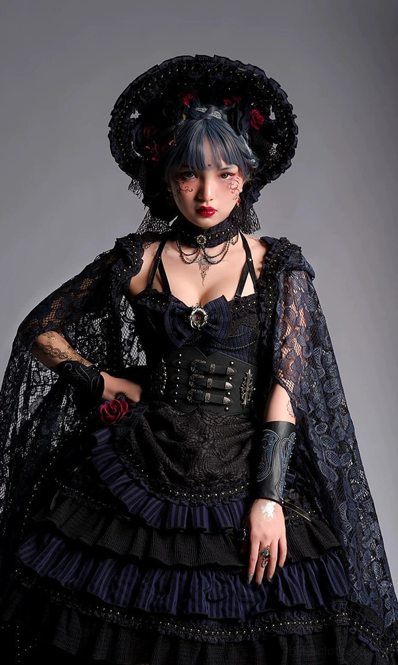 Gothic Lolita JSK waist cincher and corset bodice hardware detail showing metal buckles, structural support, adjustable fitting system