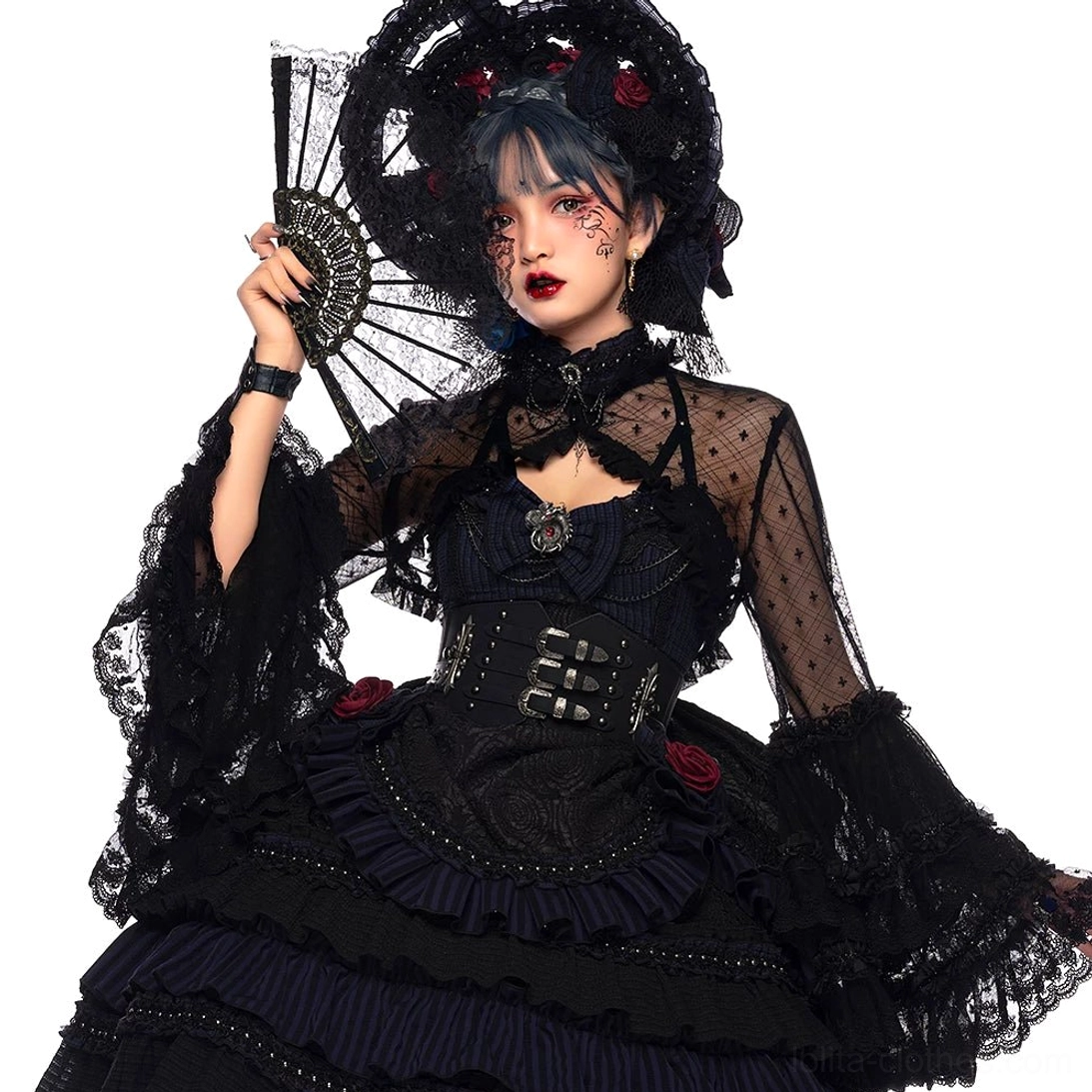 Gothic Lolita lace innerwear only showing black lace camisole-style top with decorative elements, size options A through B available separately