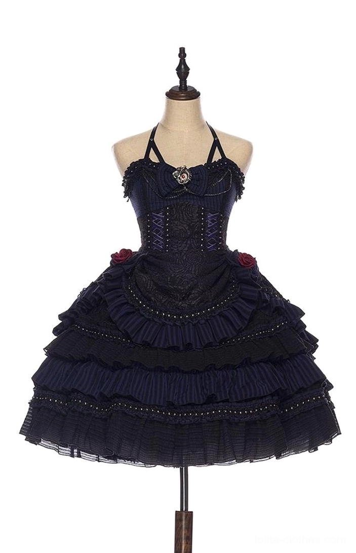 Short Gothic Lolita JSK Dress front view on dress form with tiered ruffled skirt, spaghetti straps, corset bodice, decorative rose details, compact silhouette