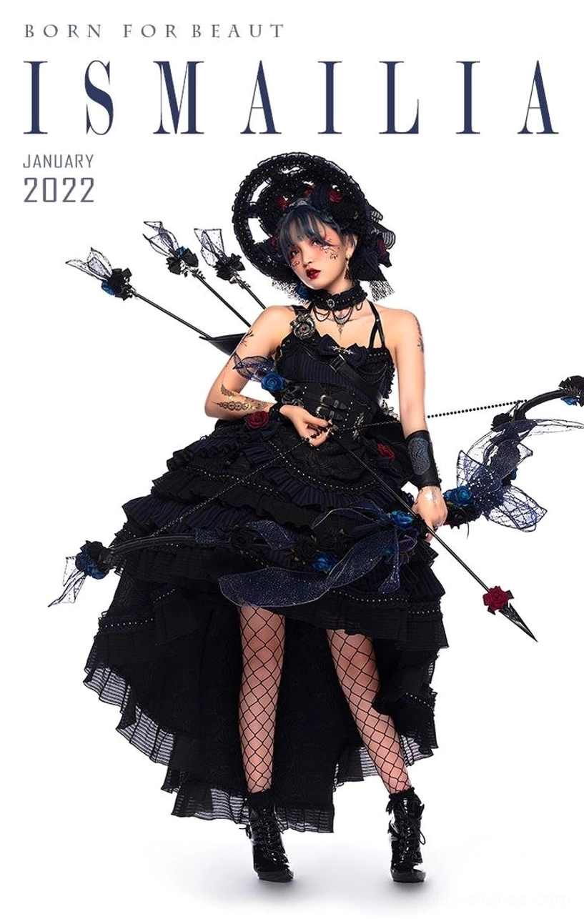 Gothic Lolita JSK tulle cloak cape accessory detail showing sheer floor-length netting overlay, hood structure, dramatic silhouette enhancement piece