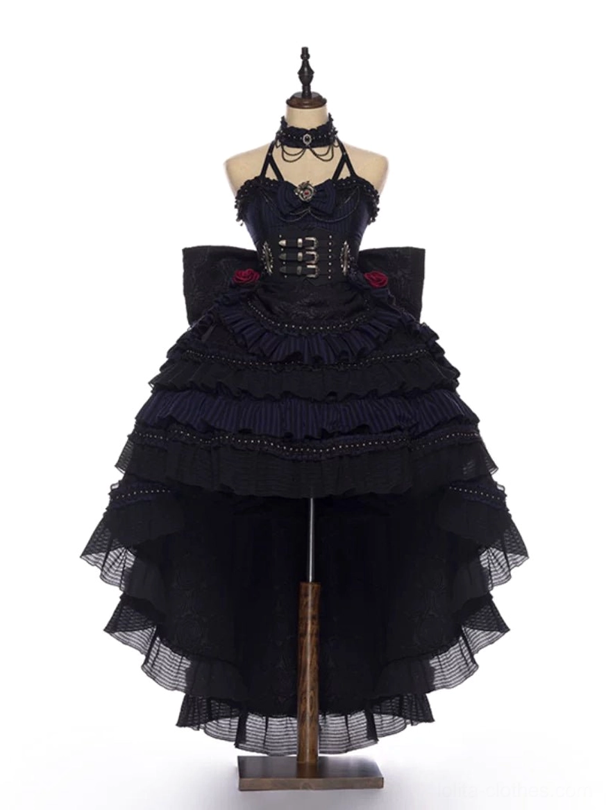 Ismailia Gothic Lolita JSK dress front view on dress form with high-low tiered ruffled skirt, large decorative back bow, structured corset bodice, rose waist accents, full ensemble display