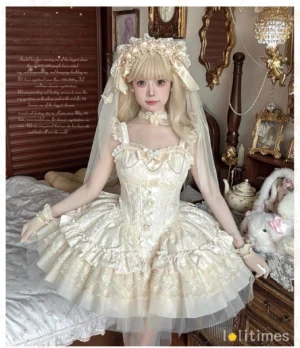 Ivory ballet-inspired sweet lolita jumper skirt with matching choker, multi-layered tulle skirt, structured corset bodice, and pearl accents - full front model view