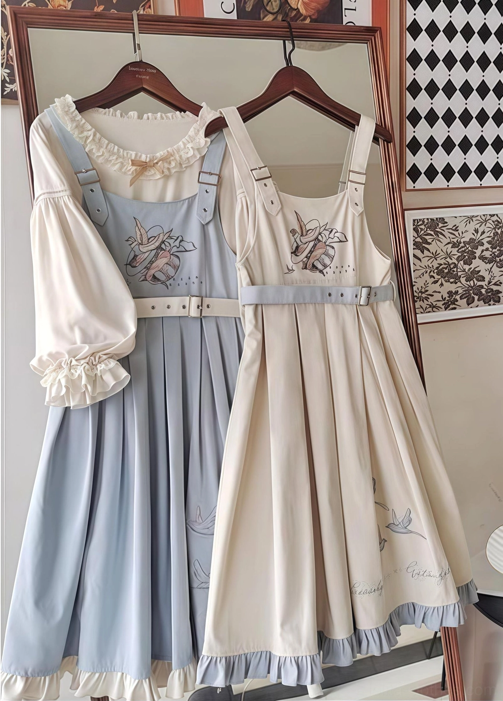 Ivory hanging Lolita JSK dress with sky-blue and beige variations showing front display view bird embroidery details lace ruffled neckline and cuffs inner blouse