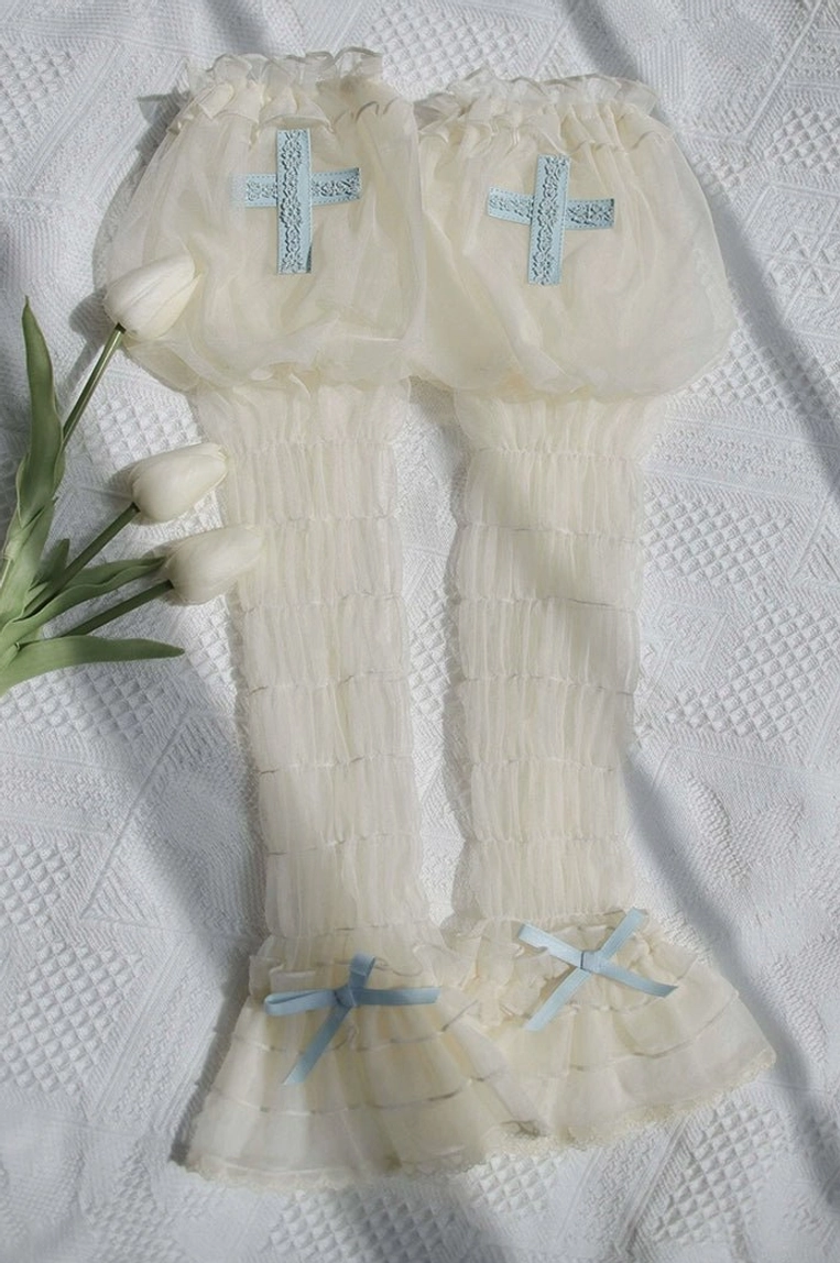 Ivory-blue two-tone Gothic Lolita puff arm sleeves with cross maiden design, sheer mesh construction and delicate ribbon bow accents for Lolita fashion