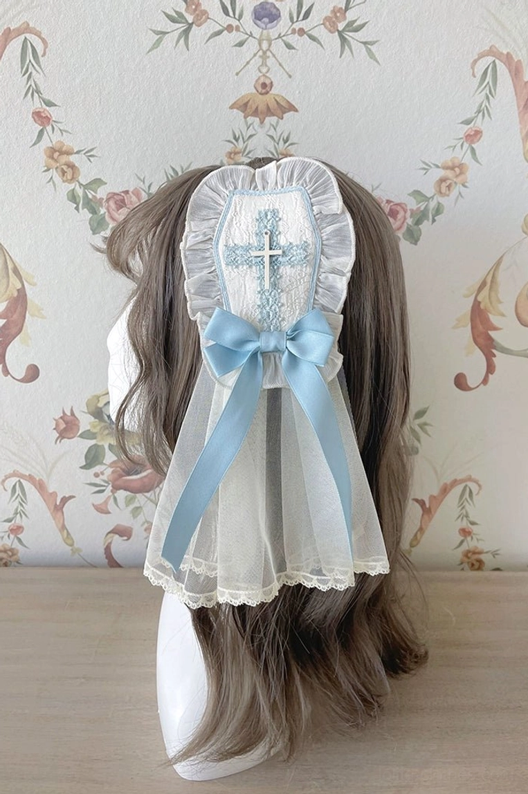 Ivory-blue Gothic Lolita hair clip veil headbow with cross embroidery and blue satin bow detail
