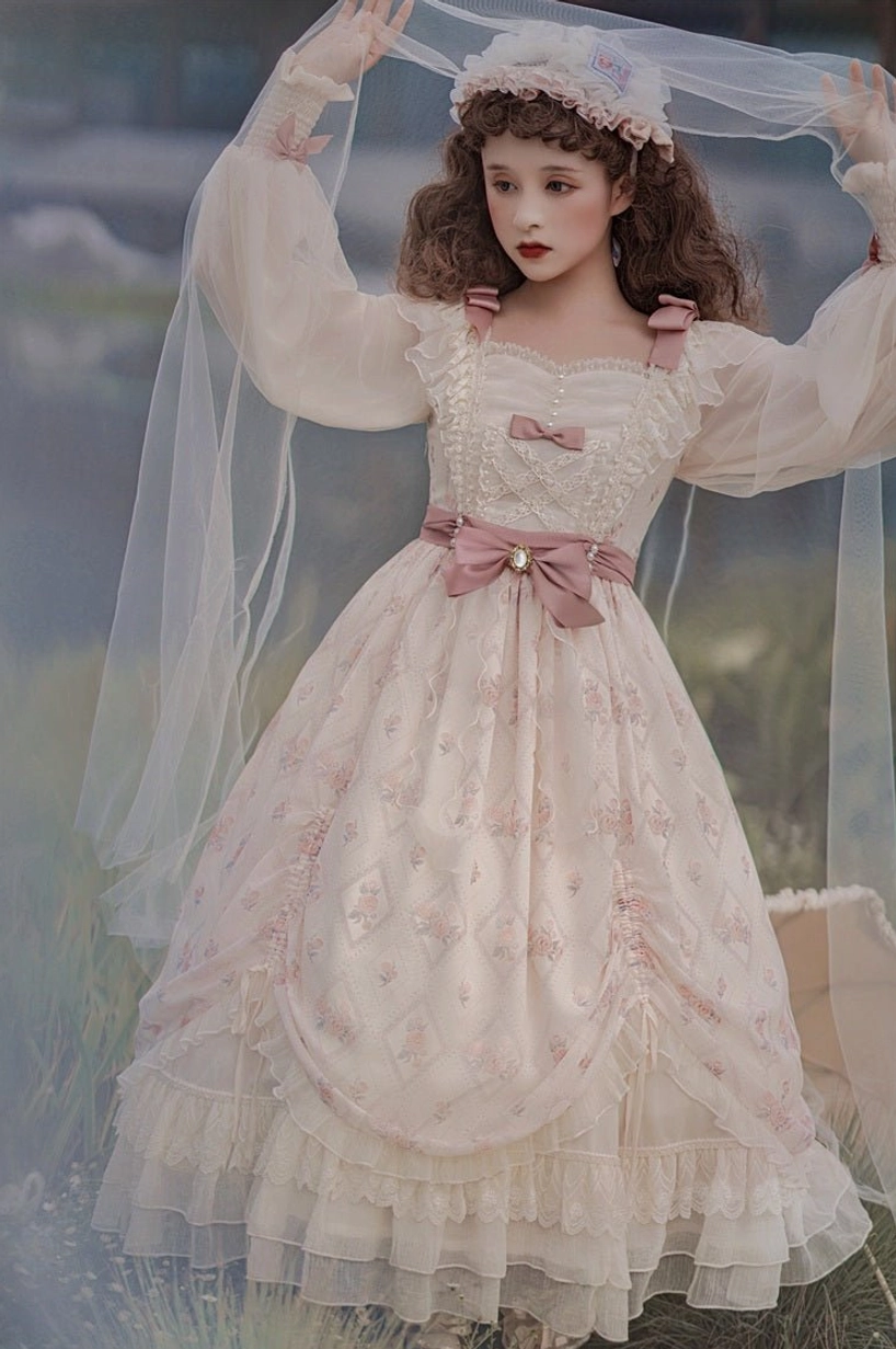 Ivory cream lolita OP dress color and tone full view showing subtle off-white base, delicate pink floral accents, elegant neutral palette, romantic color scheme
