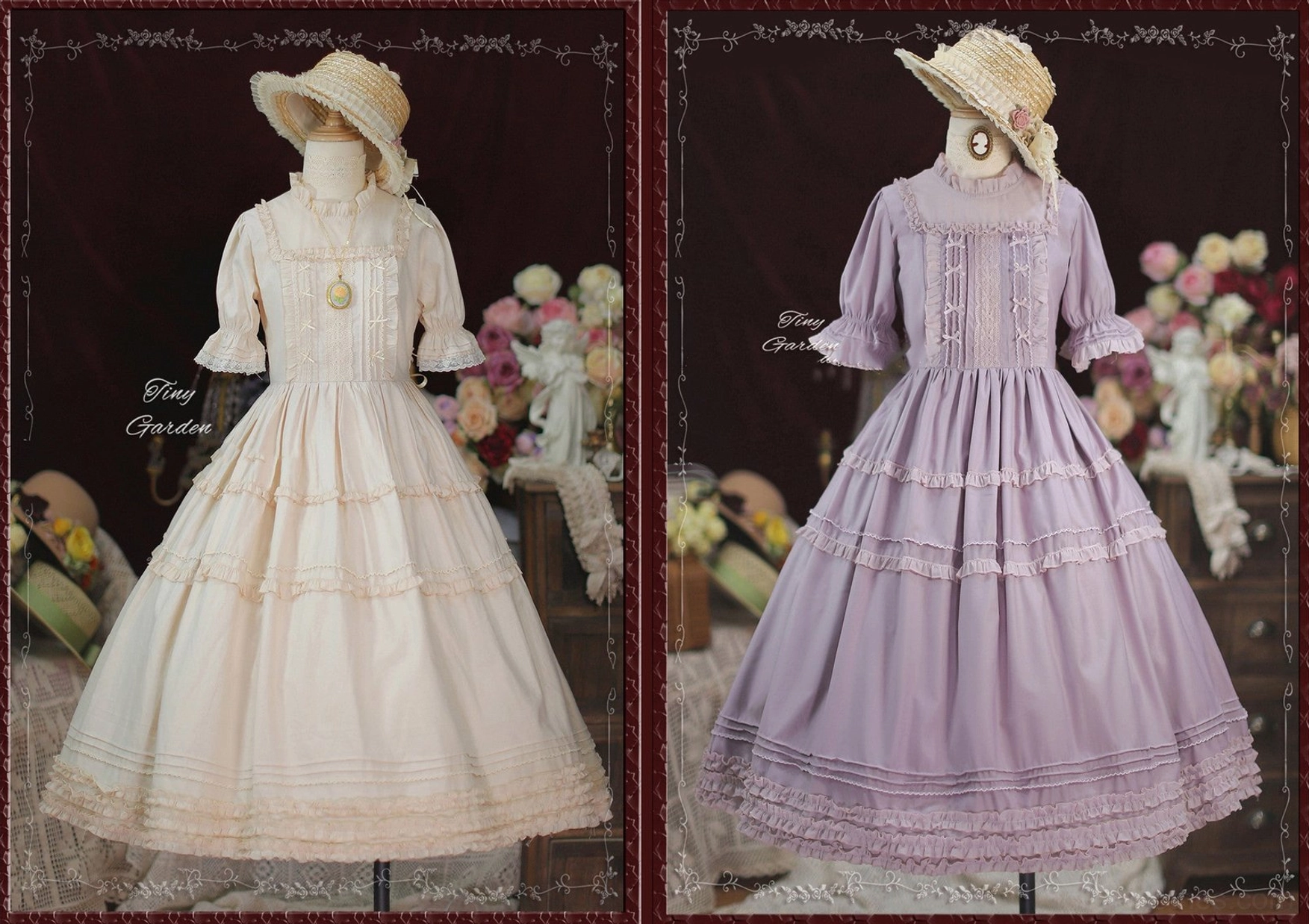 Ivory cream beige french vintage lolita op dress with high stand collar delicate lace trim on dark vintage floral backdrop