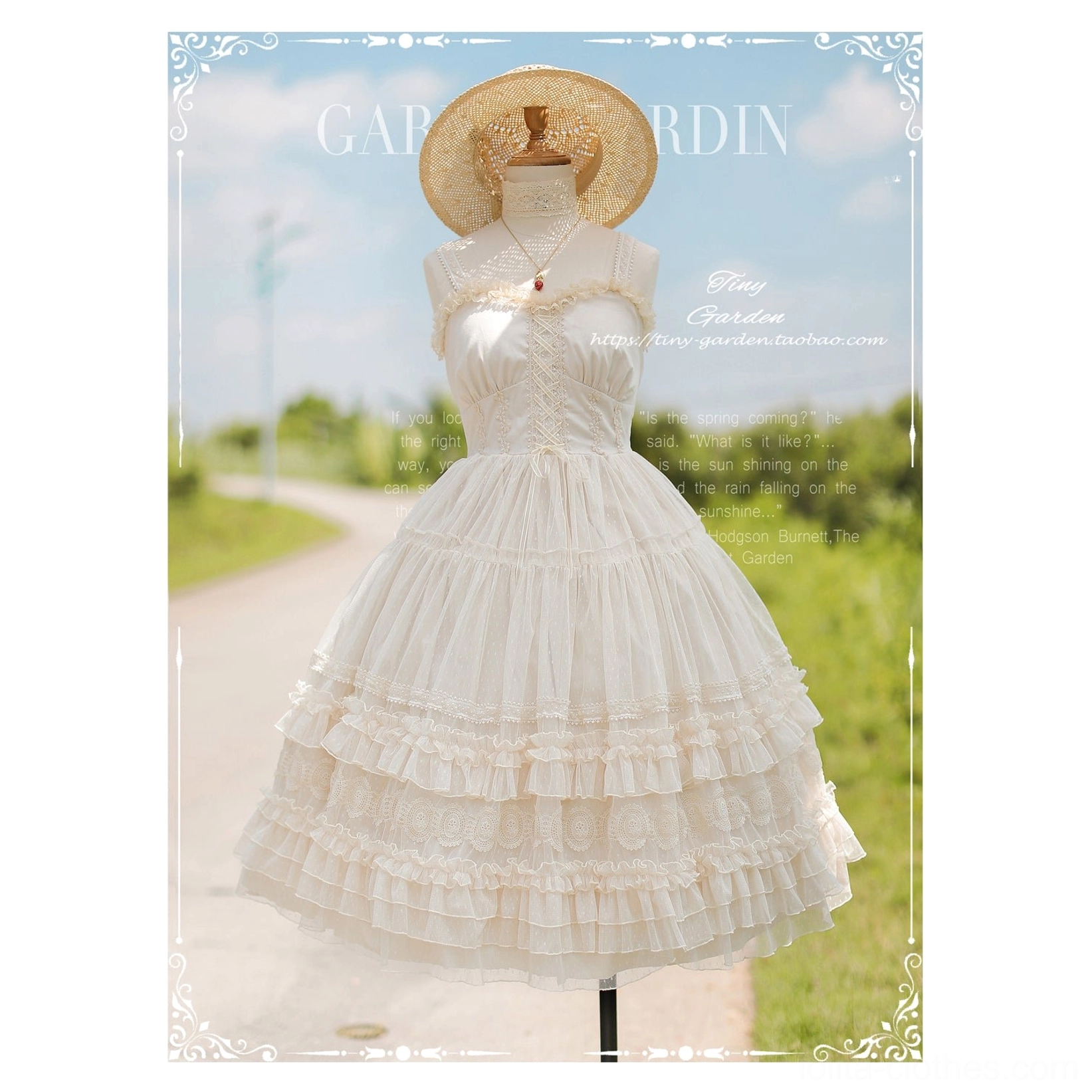 Ivory dot yarn lolita JSK jumper skirt with soft layered cotton construction delicate lace trim sweetheart neckline and spaghetti straps, displayed on mannequin in outdoor rural pathway garden background