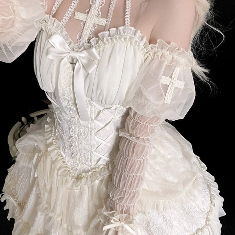 Ivory Gothic Lolita puff arm sleeves with cross maiden embroidery and tiered ruffles for versatile sweet-gothic hybrid coordinate possibilities
