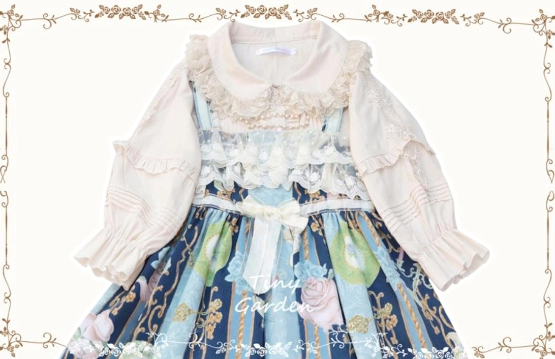 Beige ivory half-sleeve Lolita blouse with ruffled collar and lantern sleeves paired with blue stripe floral Lolita JSK coordinate on form